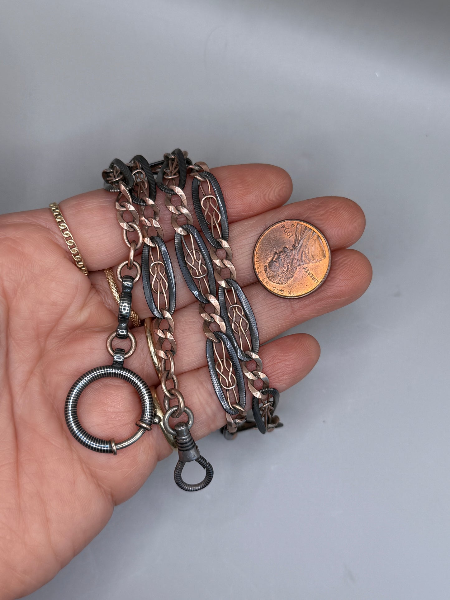 Antique Victorian "Lover's Knot" Open-Work 800 Niello & Rose Gold Vermeil Pocket Wactch Chain, 19-1/8” inches MBP2