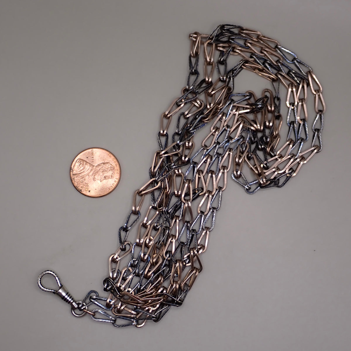 Antique Victorian Niello & Rose Gold Gilt Long Guard Chain Necklace, 59.5" inches, 26.1g MB102