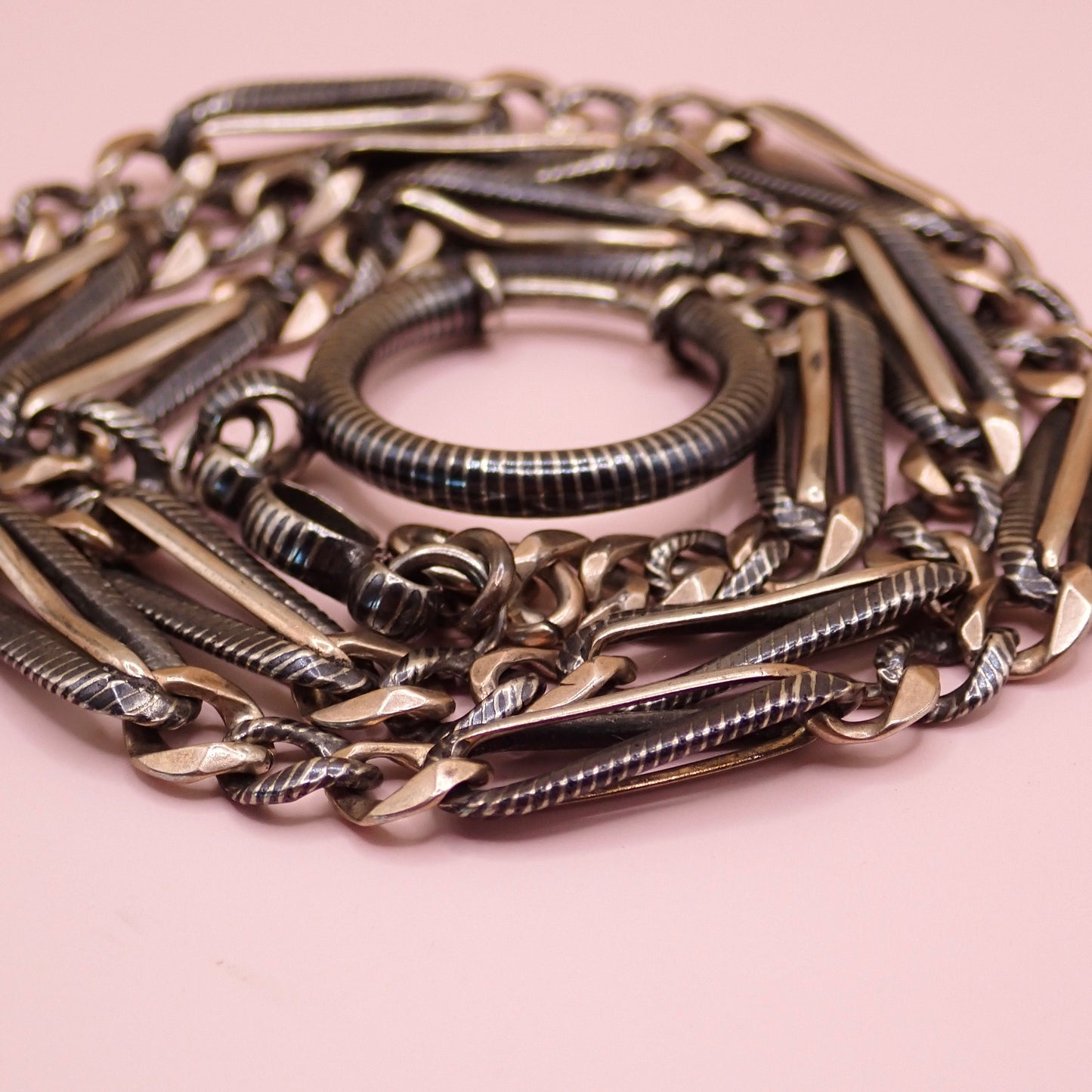 Antique Victorian 800 Silver Niello & Rose Gold Vermeil Pocket Watch Chain Necklace MB75