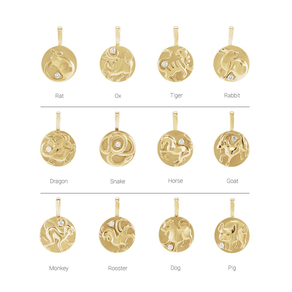 14K Yellow Gold .015 CT Natural Diamond Chinese Zodiac Year of the Rabbit Pendant