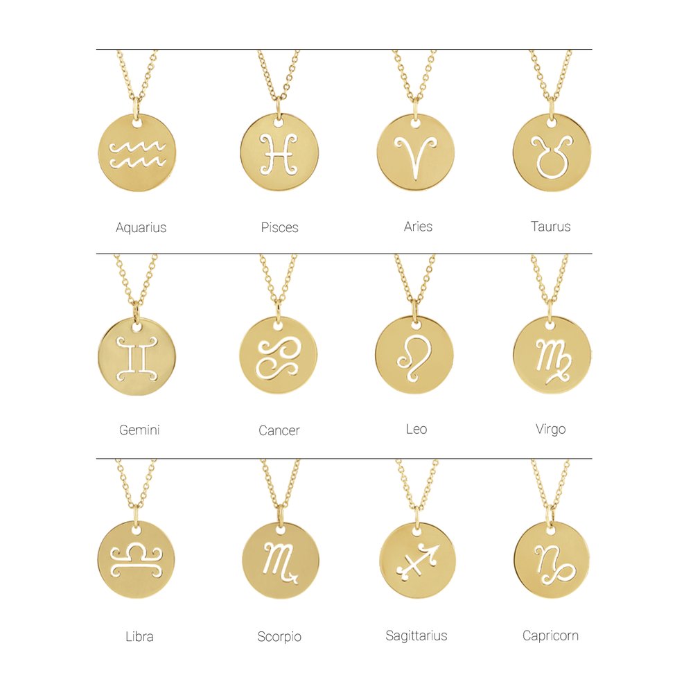 14K Yellow Gold 16.5 mm Aquarius Zodiac Disc Charm Pendant