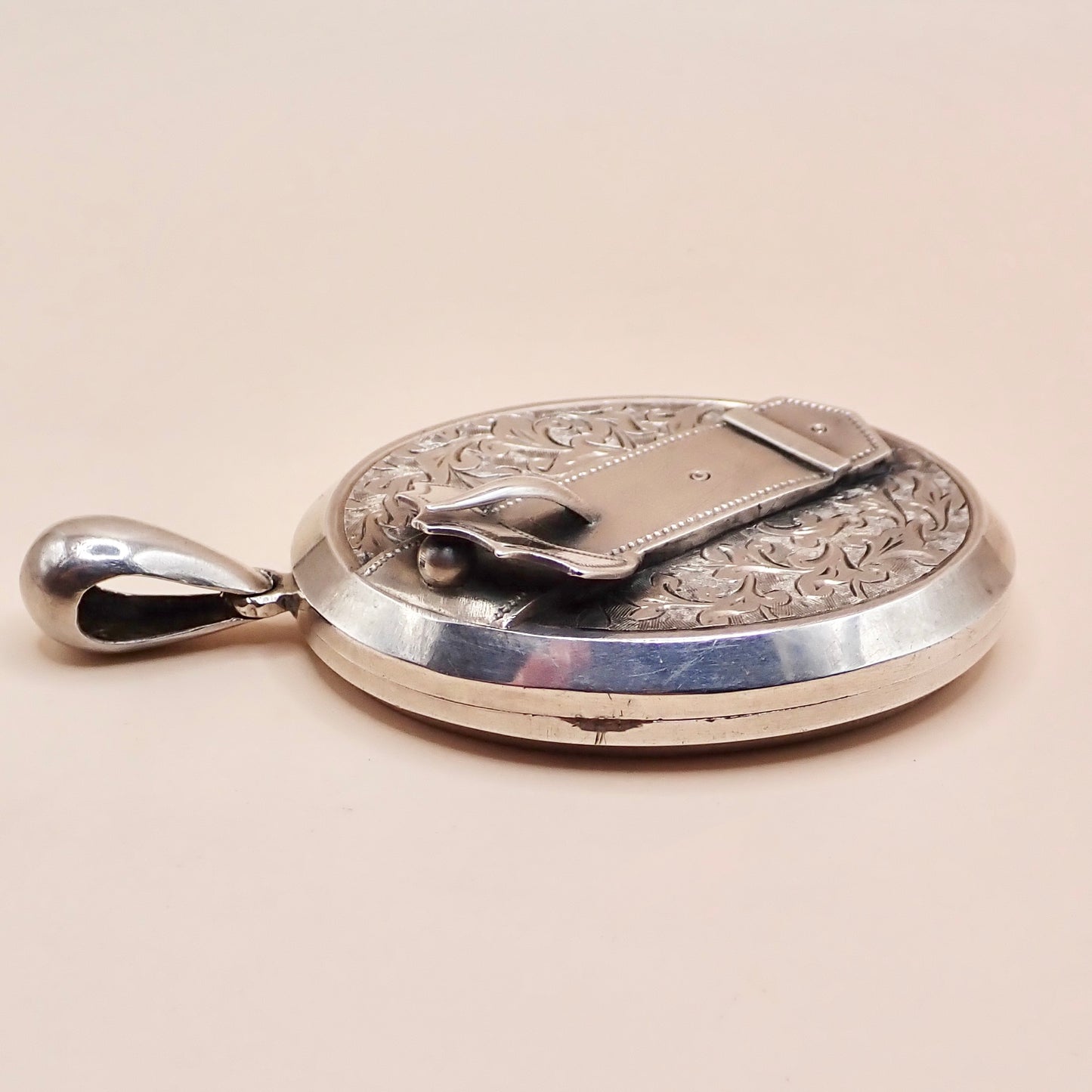 Antique 1879 Sterling Silver Victorian "Belt Buckle& Snowdrop" Locket Pendant
