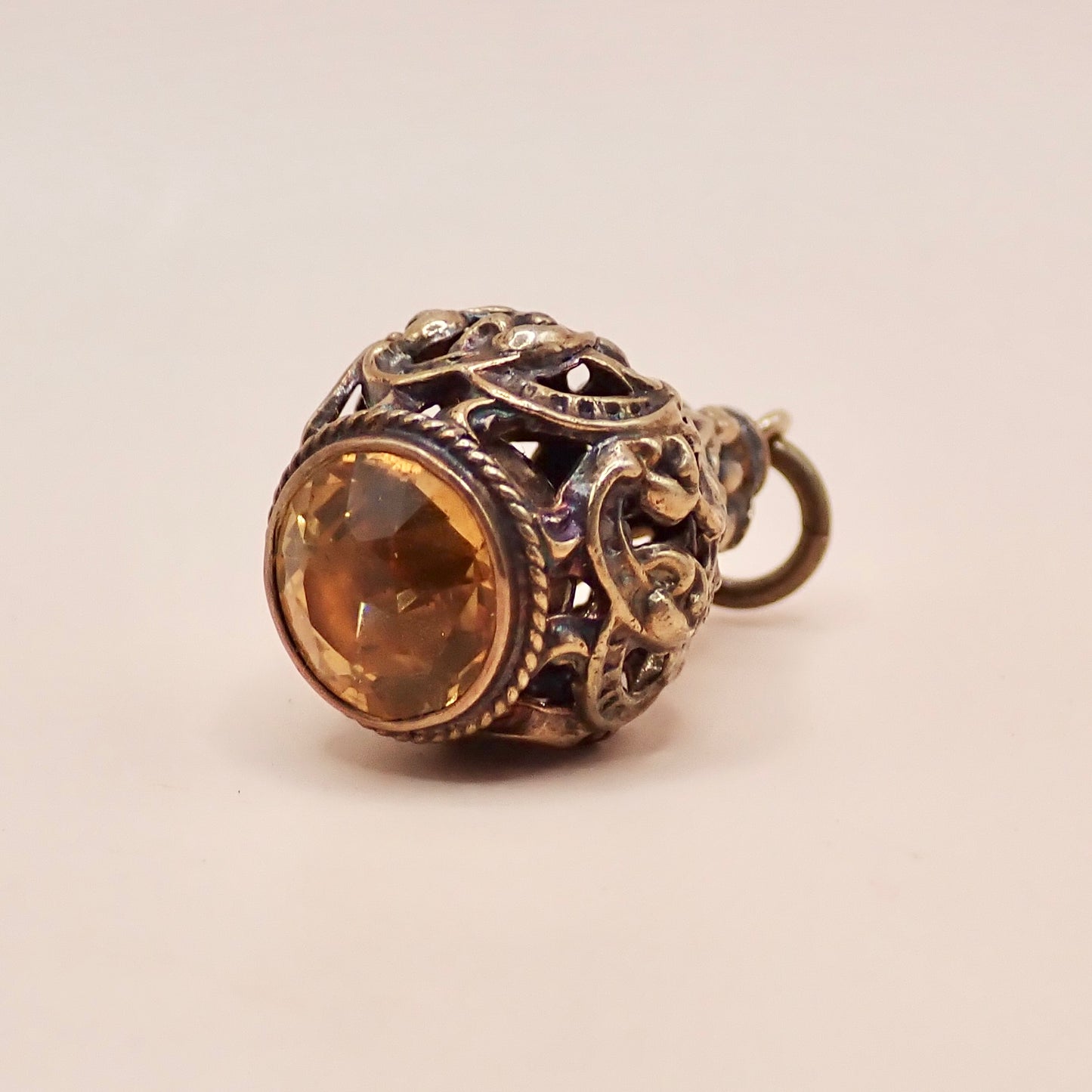 Rare Victorian 14K Gold "Lantern" Filigree Cage Charm with Honey Citrine