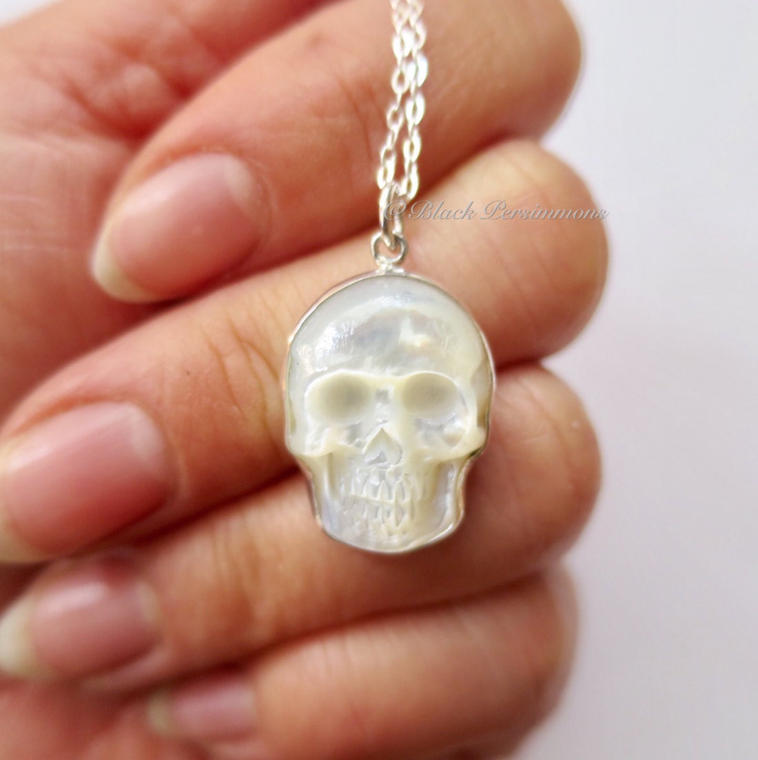 Hand Carved Mother of Pearl Skull Necklace: Sterling Silver Pendant