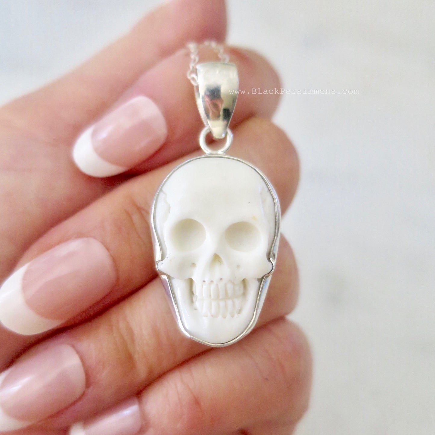 Hand Carved Bone Skull Necklace - 925 Sterling Silver Cranium Skeleton Pendant