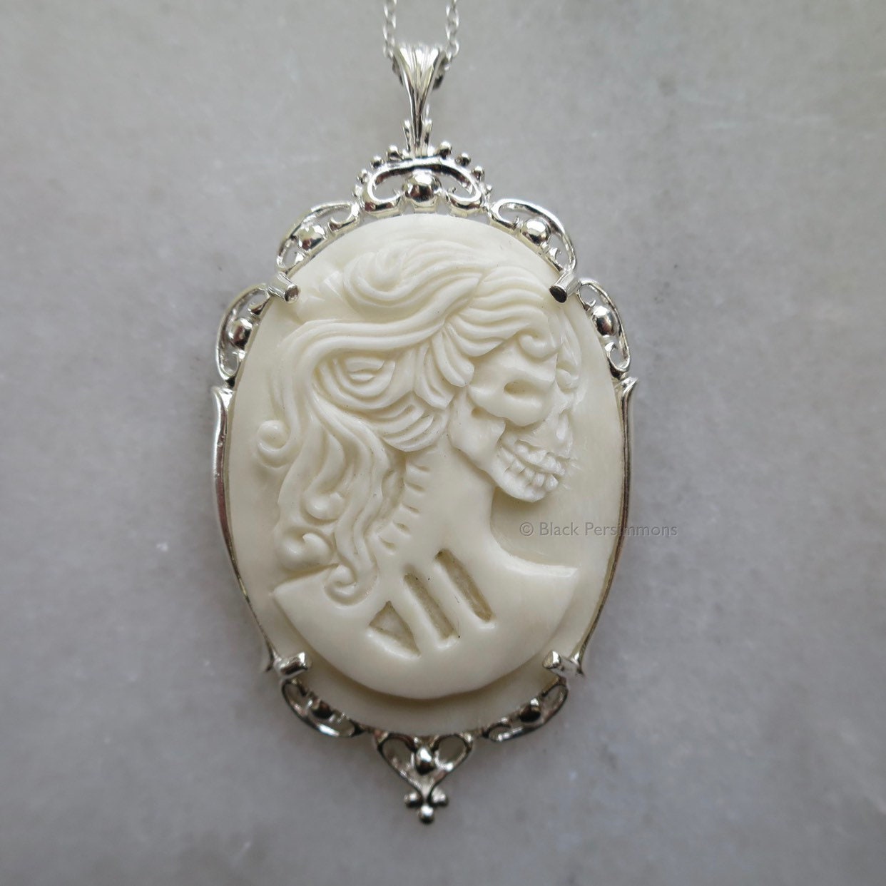Hand Carved Buffalo Bone Skeleton Cameo Necklace - Sterling Silver Gothic Setting