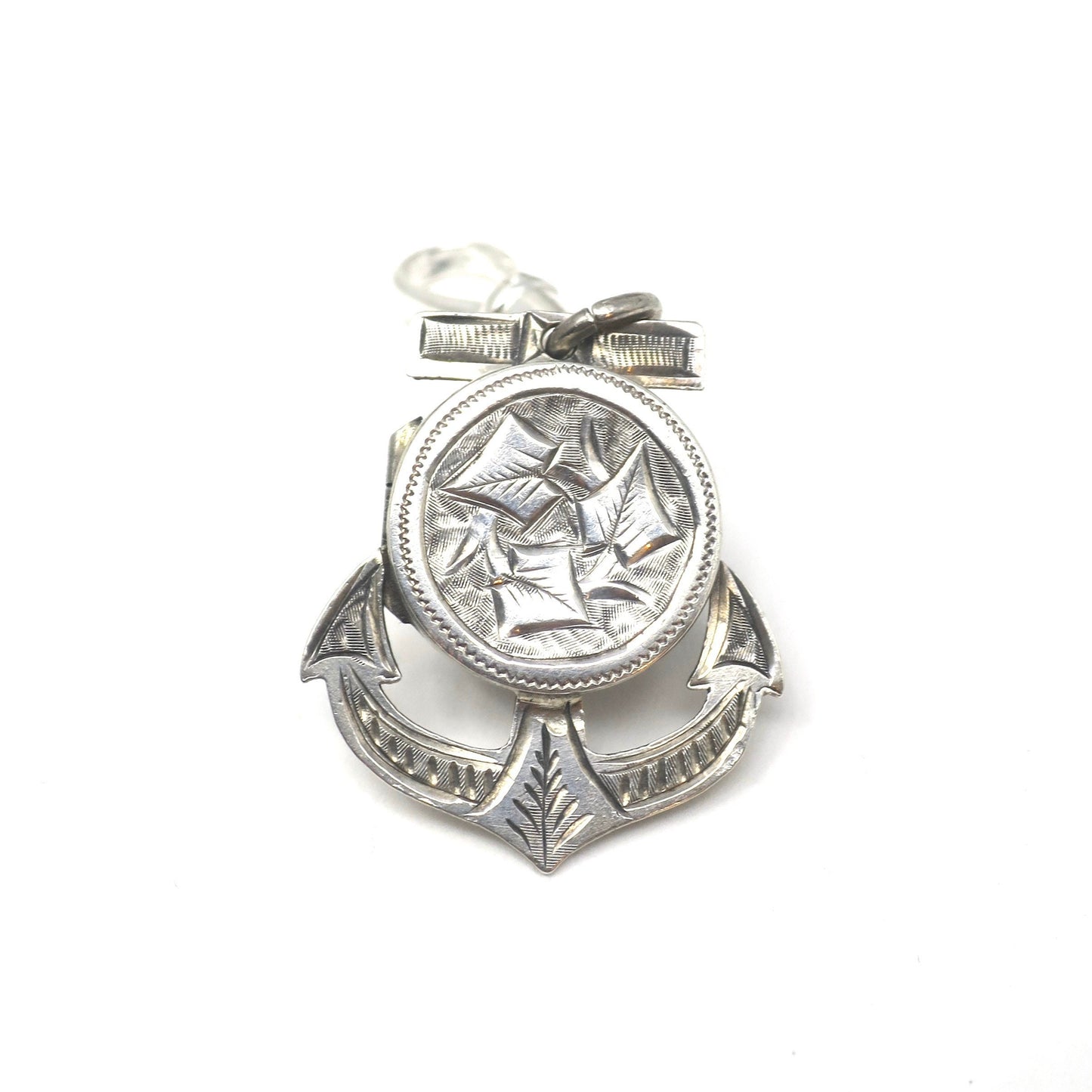Antique Victorian Sterling Silver Engraved Anchor Hope Locket Pendant