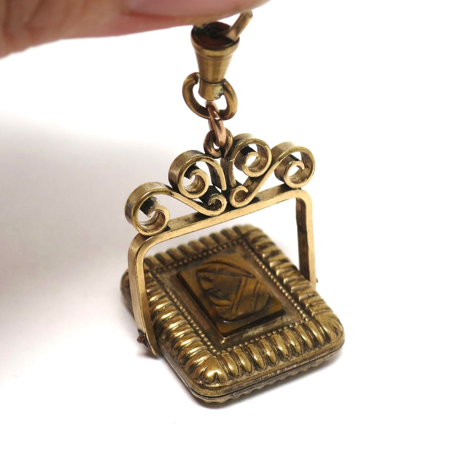 Antique Gold Filled Mother of Pearl and Tiger Eye Spinner Fob Pendant