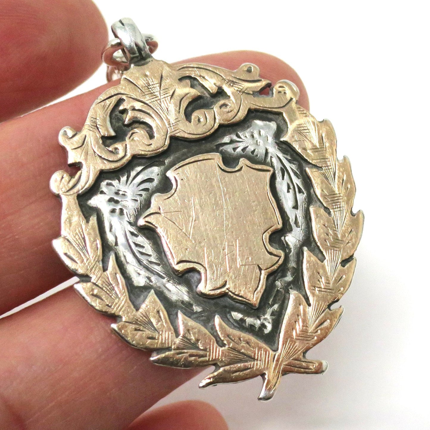 Edwardian Sterling Silver Rose Gold Vermeil Fob Pendant: 1905 Birmingham Medal Shield