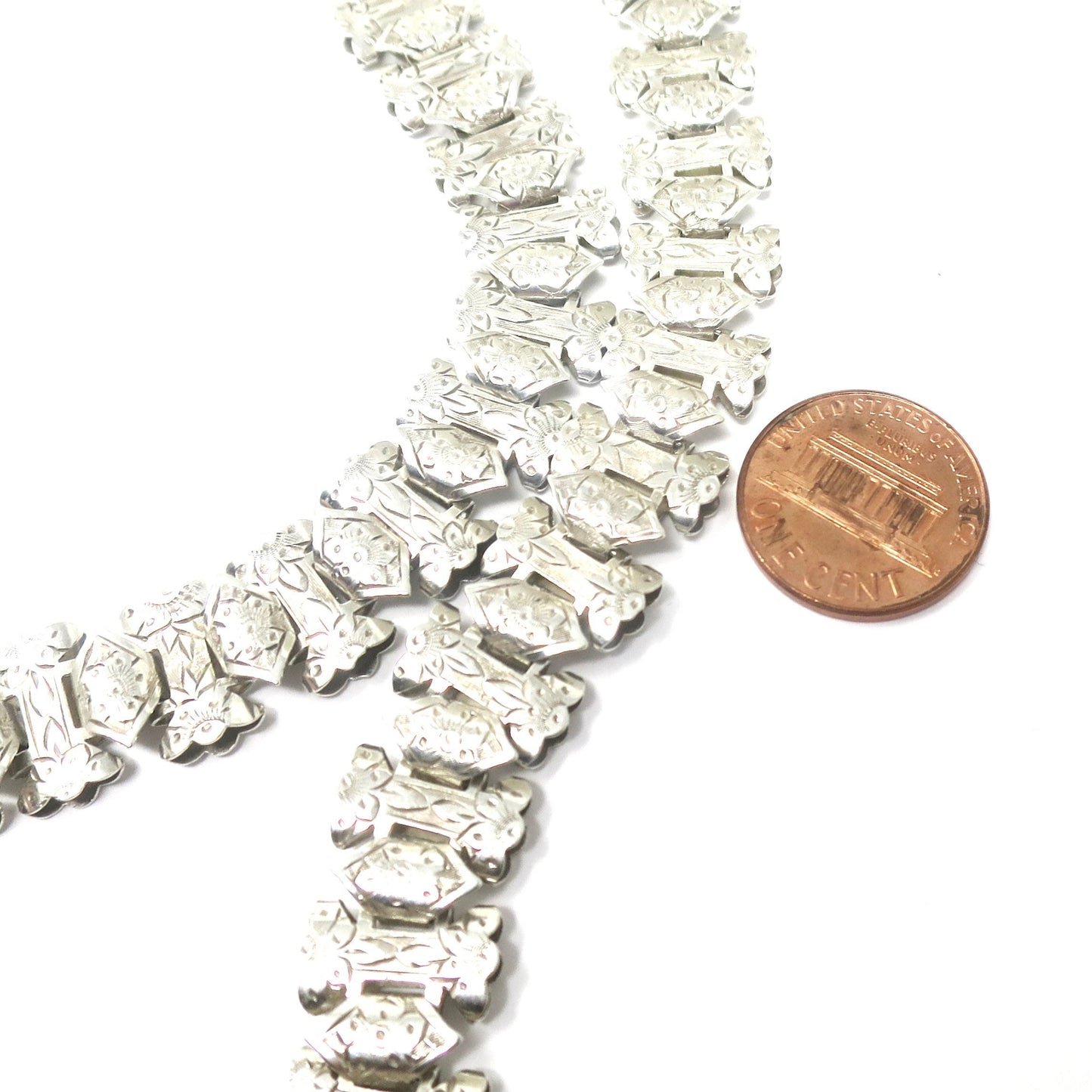 Antique Victorian 2 Sided Engraved Forget-Me-Not Flowers Sterling Silver Collar Book Chain Necklace