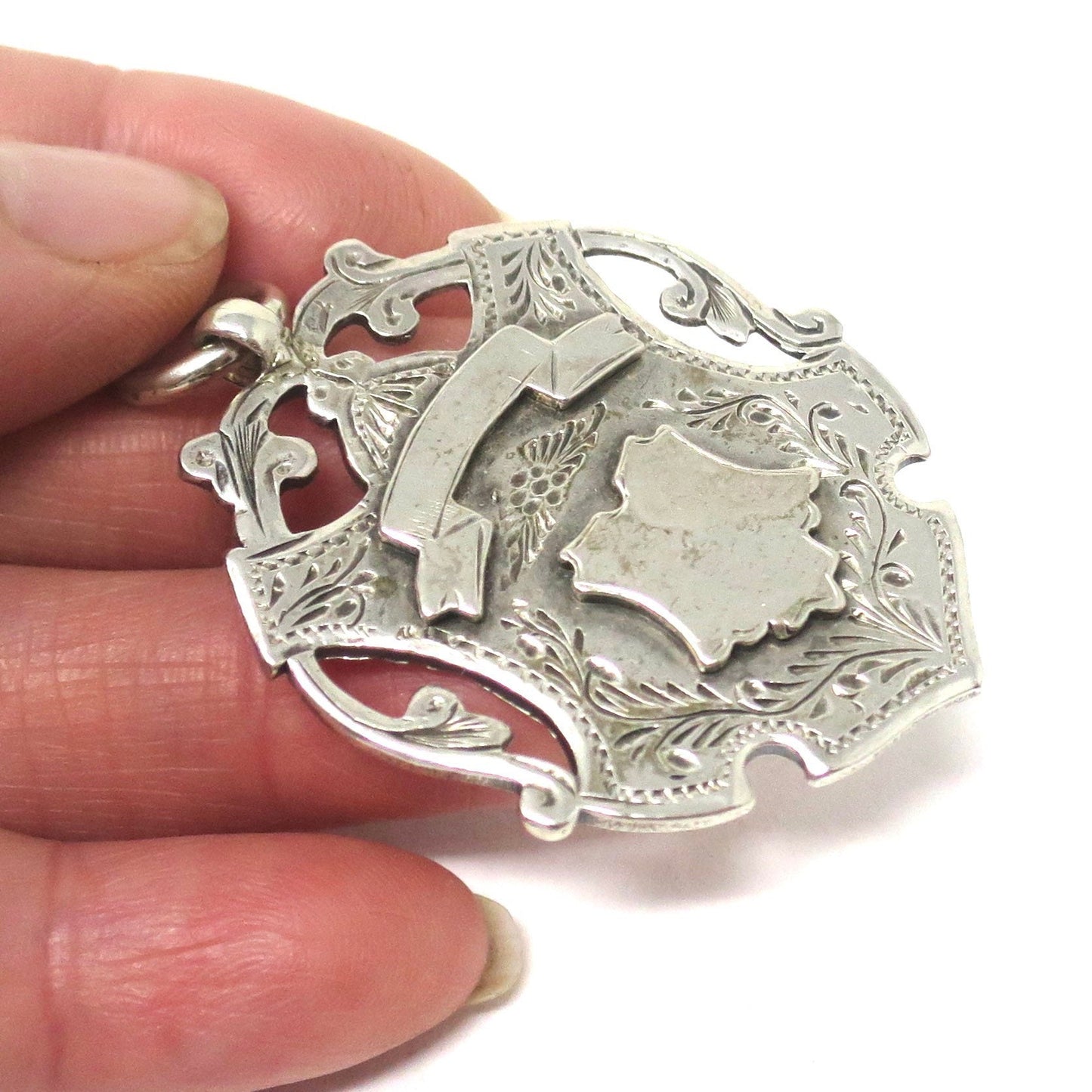 Antique Victorian 1907 Heavy Birmingham Engraved Sterling Silver Medal Shield Watch Fob Pendant