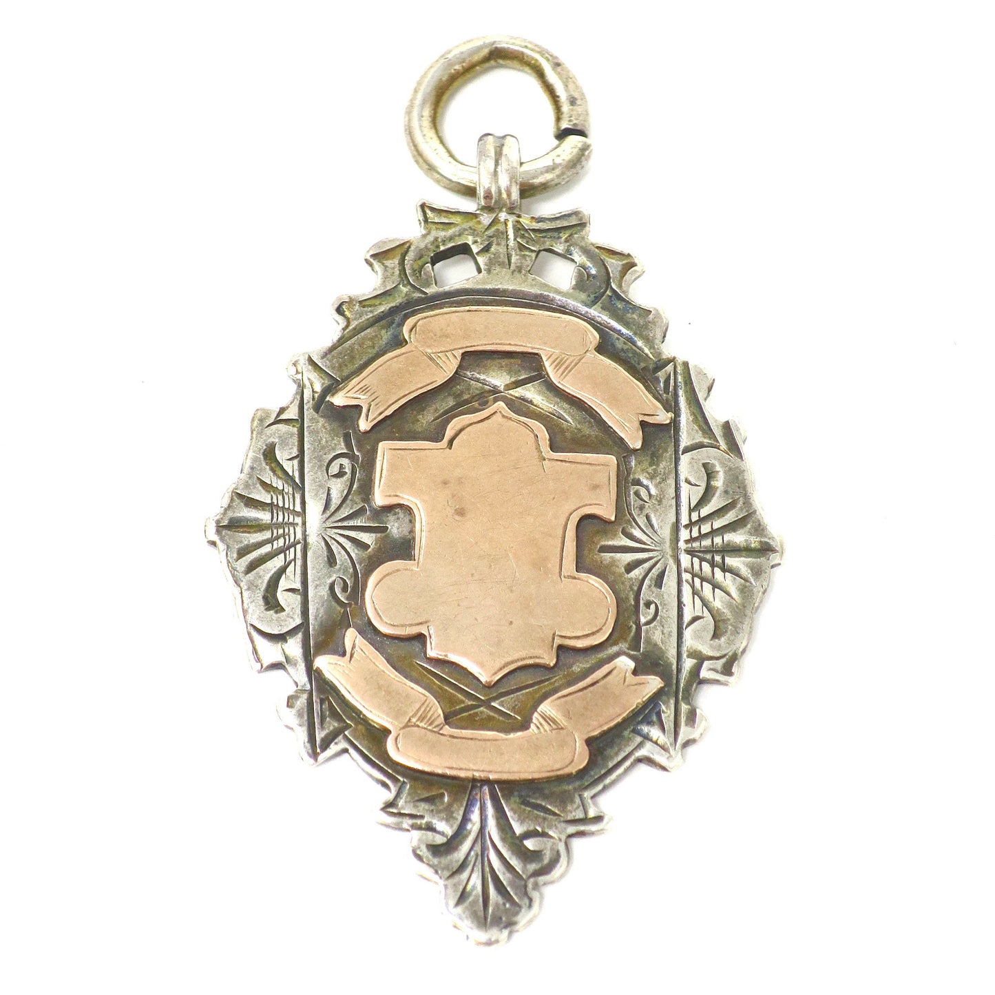 1900 Antique Victorian Sterling Silver & Rose Gold Vermeil Engraved Cartouche Medal Shield Watch Fob Pendant