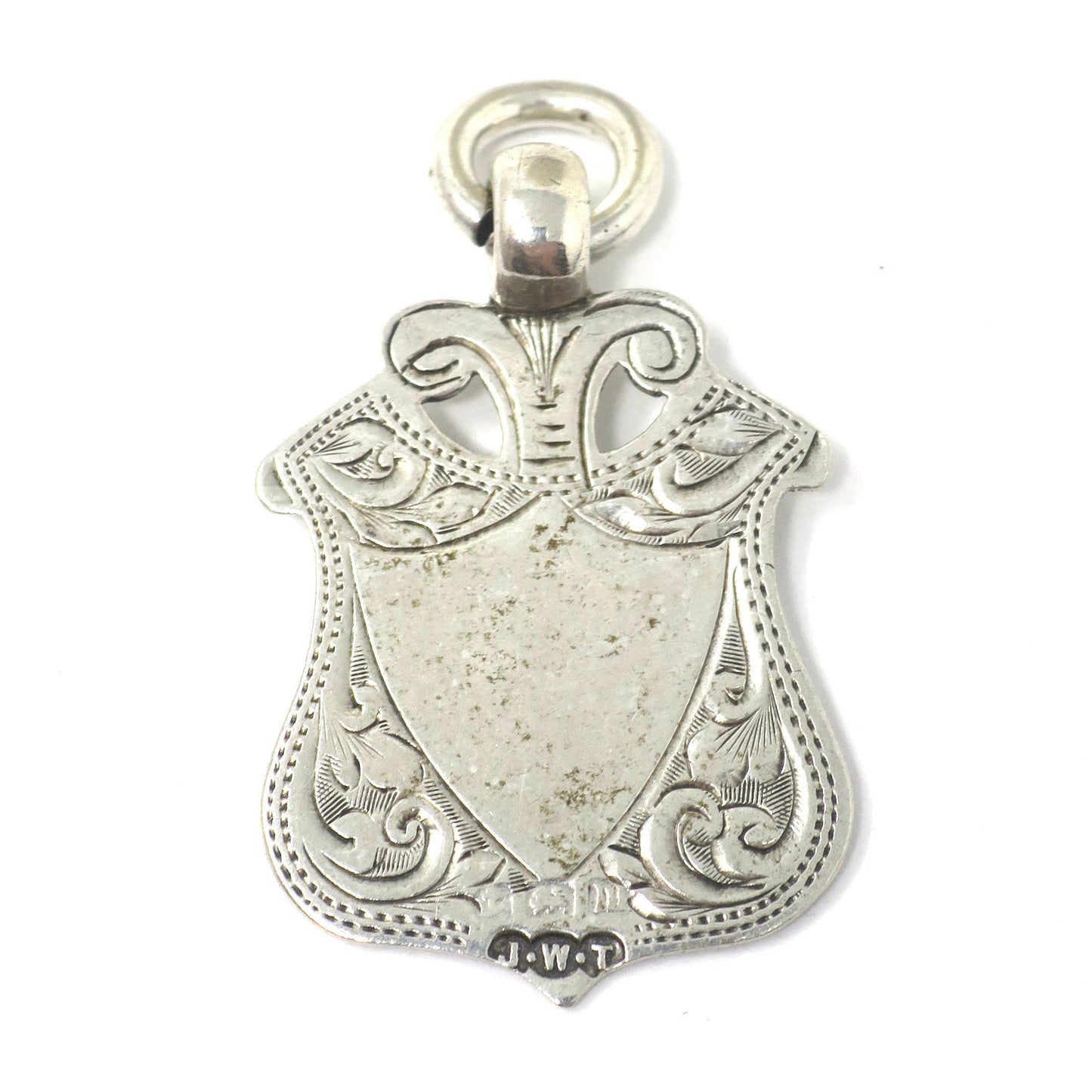 1911 Double Sided Edwardian Birmingham Engraved Sterling Silver Cartouche Shield Medal Fob Pendant