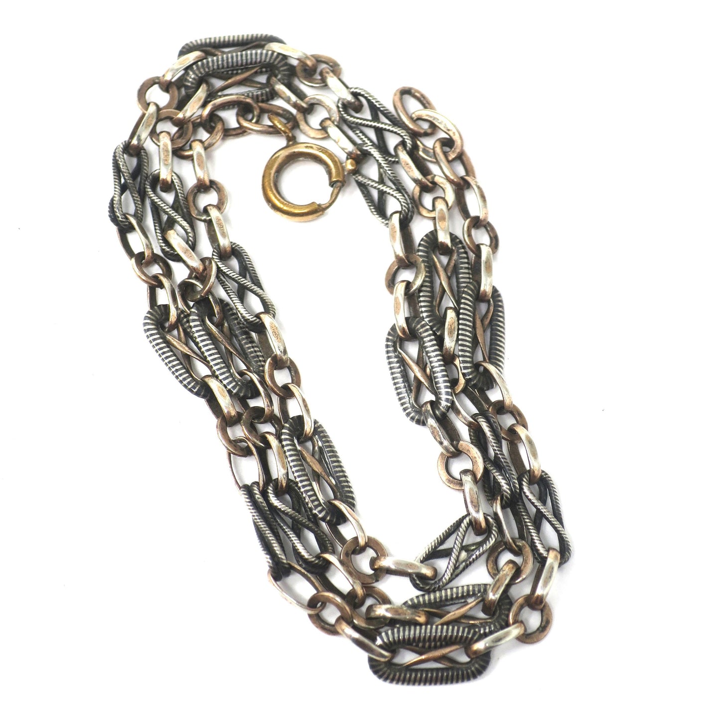 Antique Victorian Niello Silver Rose Gold Gilt Watch Chain Necklace, 17.30" inches MB68
