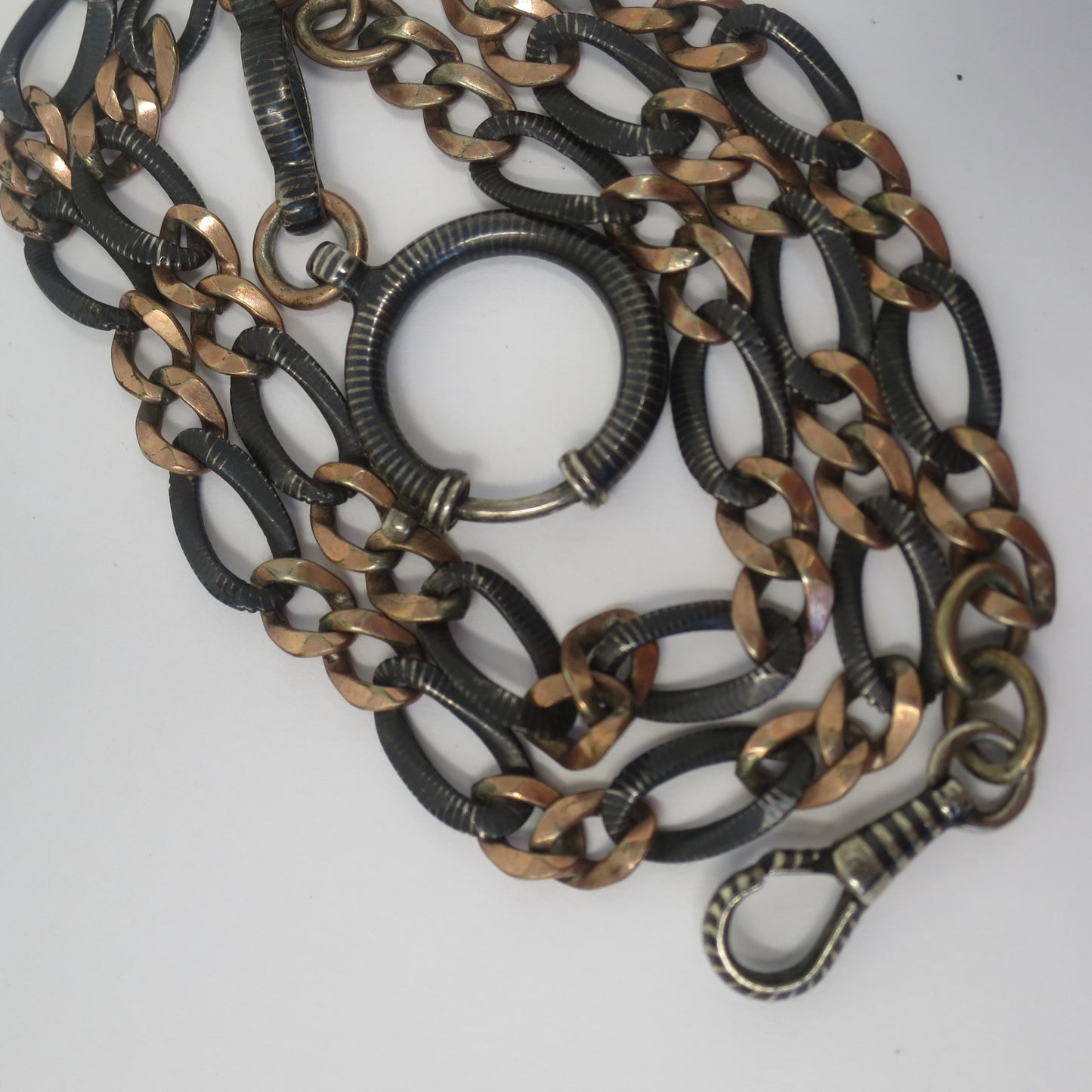 Antique Victorian Niello 800 Silver Necklace: Rose Gold Gilt Curb Chain, Pocket Watch Chain