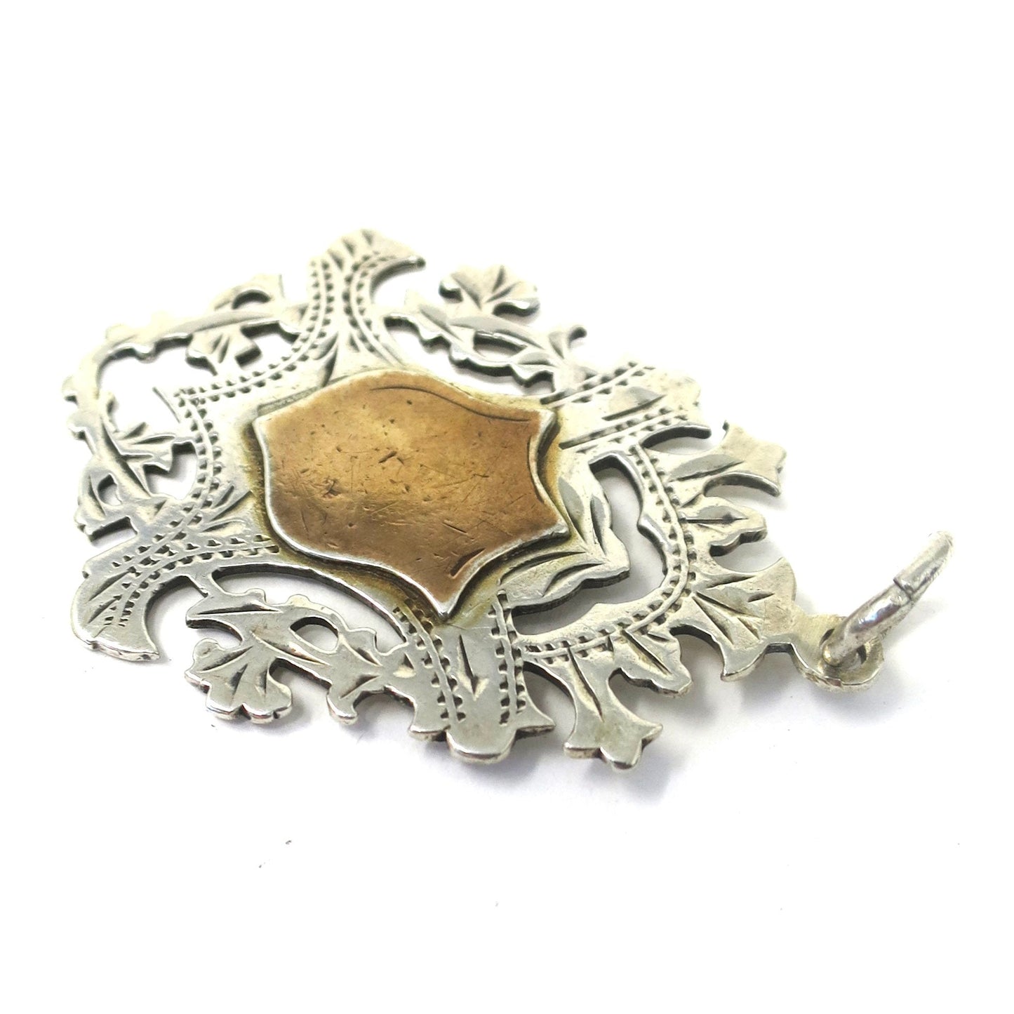 1903 Antique Birmingham Sterling Silver & Rose Gold Gilt Shield Cartouche Medal Watch Fob Pendant