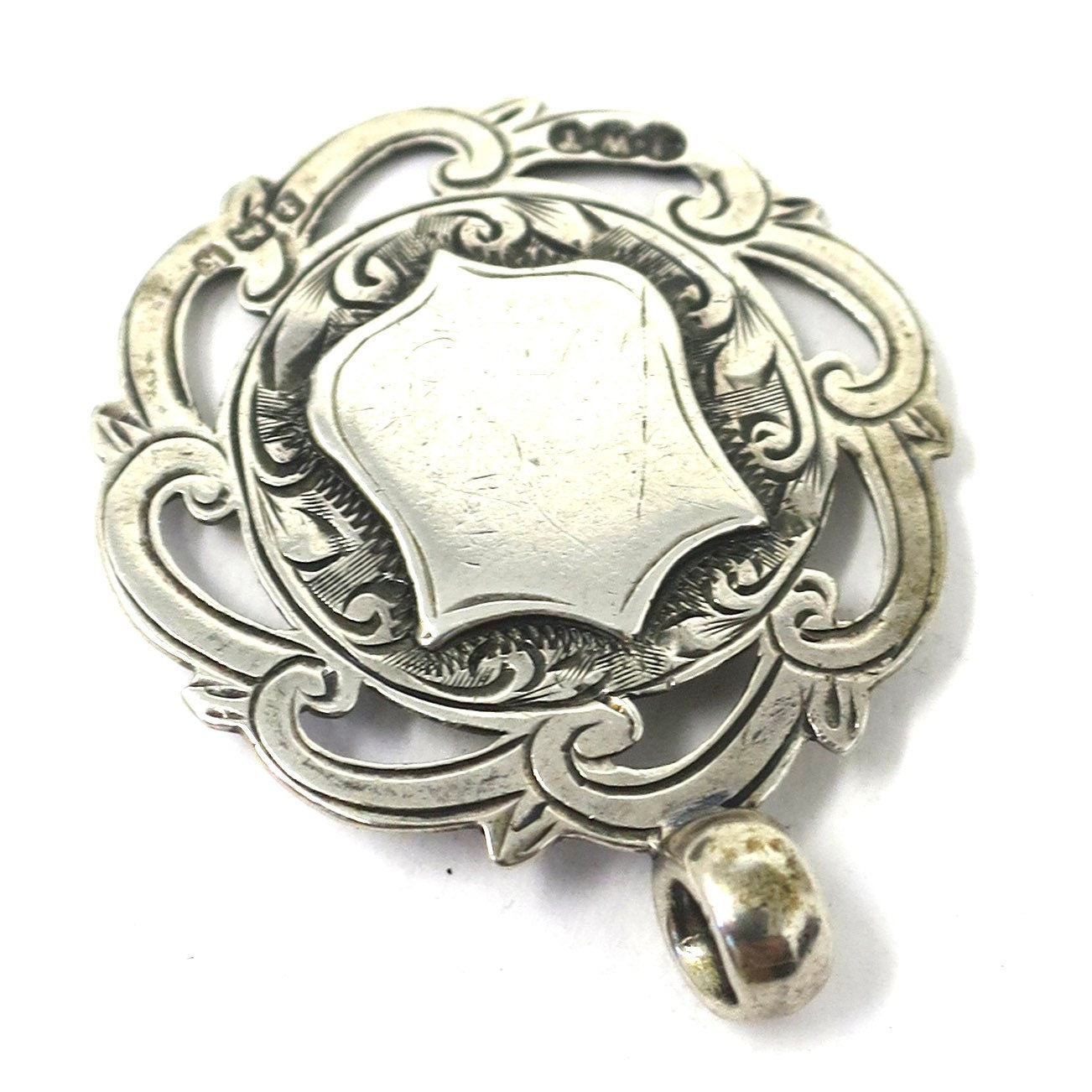 Antique Victorian 1909 Birmingham Sterling Silver & Rose Gold Vermeil Cartouche Medal Shield Watch Fob Pendant