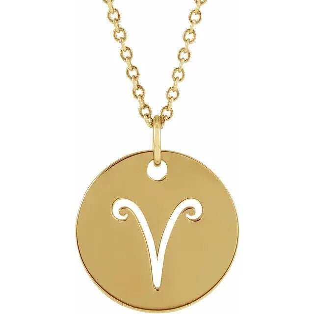 14K Yellow Gold 16.5 mm Aries The Ram Zodiac Disc Charm/Pendant Necklace