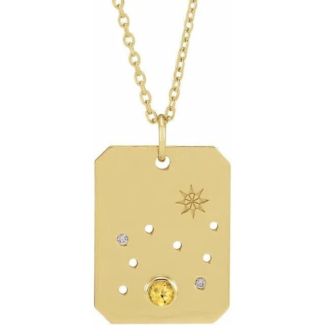 14K Yellow Gol Natural Citrine & .01 Natural Diamond Leo Constellation Pendant Necklace