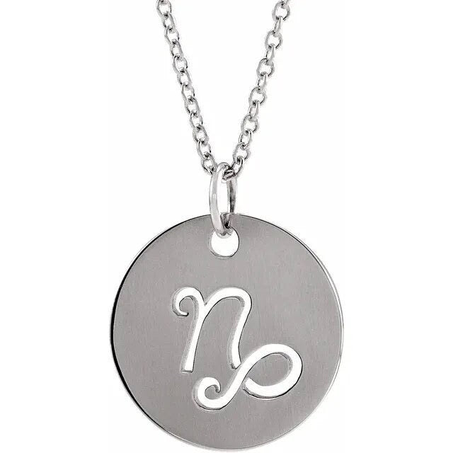 Sterling Silver 16.5 mm Capricorn Zodiac Disc Charm/Pendant Necklace
