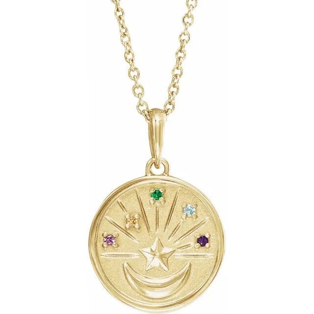 14K Yellow Gold Petite Multi-Gemstone Celestial Coin Pendant Necklace
