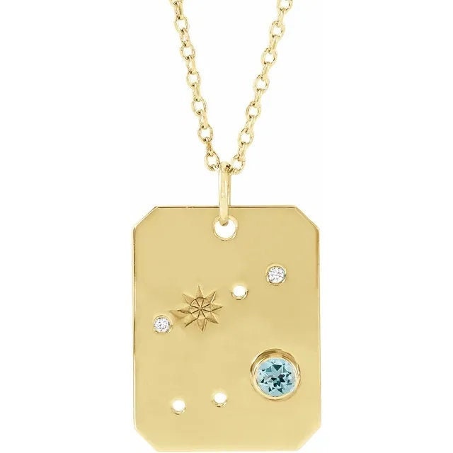 14K Yellow Gold Natural Aquamarine & .01 Natural Diamond Cancer Constellation Pendant Necklace