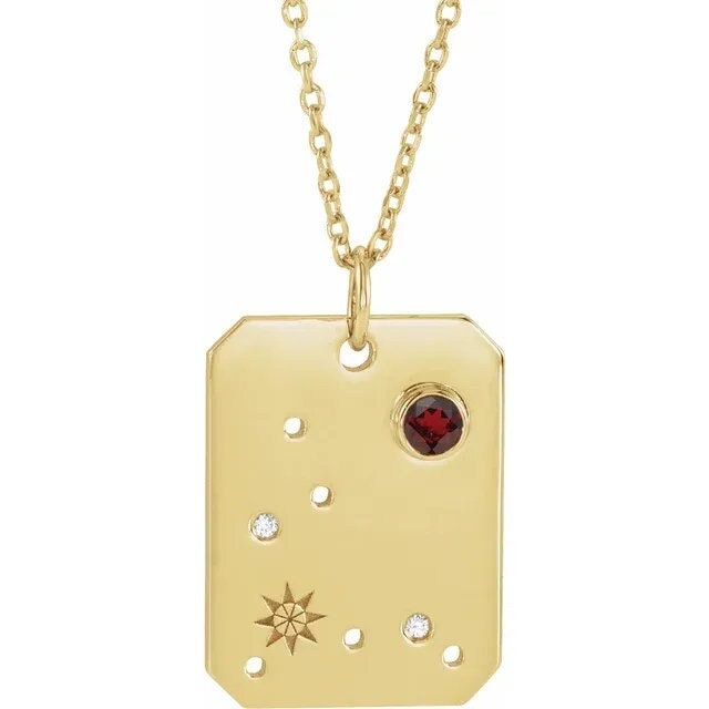 14K Yellow Gold Natural Mozambique Garnet & .01 Natural Diamond Pisces Constellation Pendant Necklace