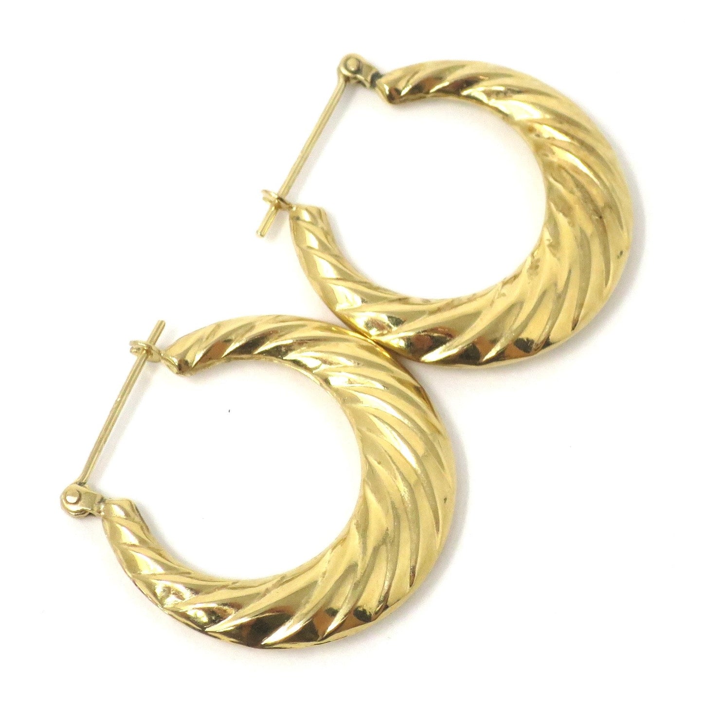 Vintage 14k Yellow Solid Gold Croissant Dôme, Puffy Twist Style Hoops Earrings