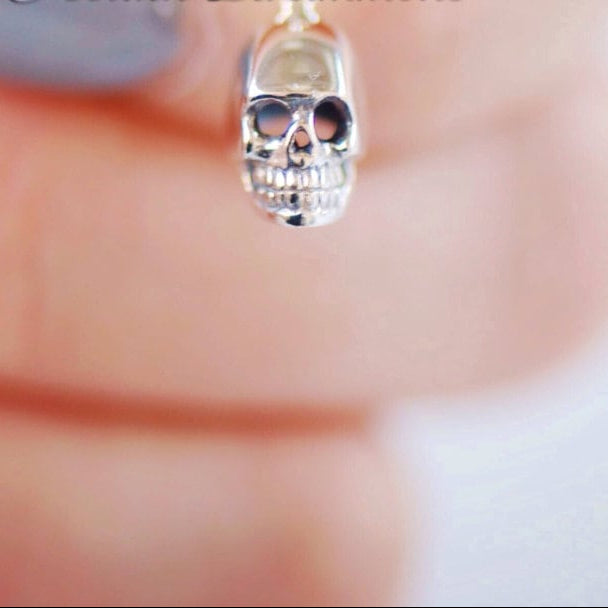 Solid 925 Sterling Silver Tiny Skull Charm Necklace, 15x6mm