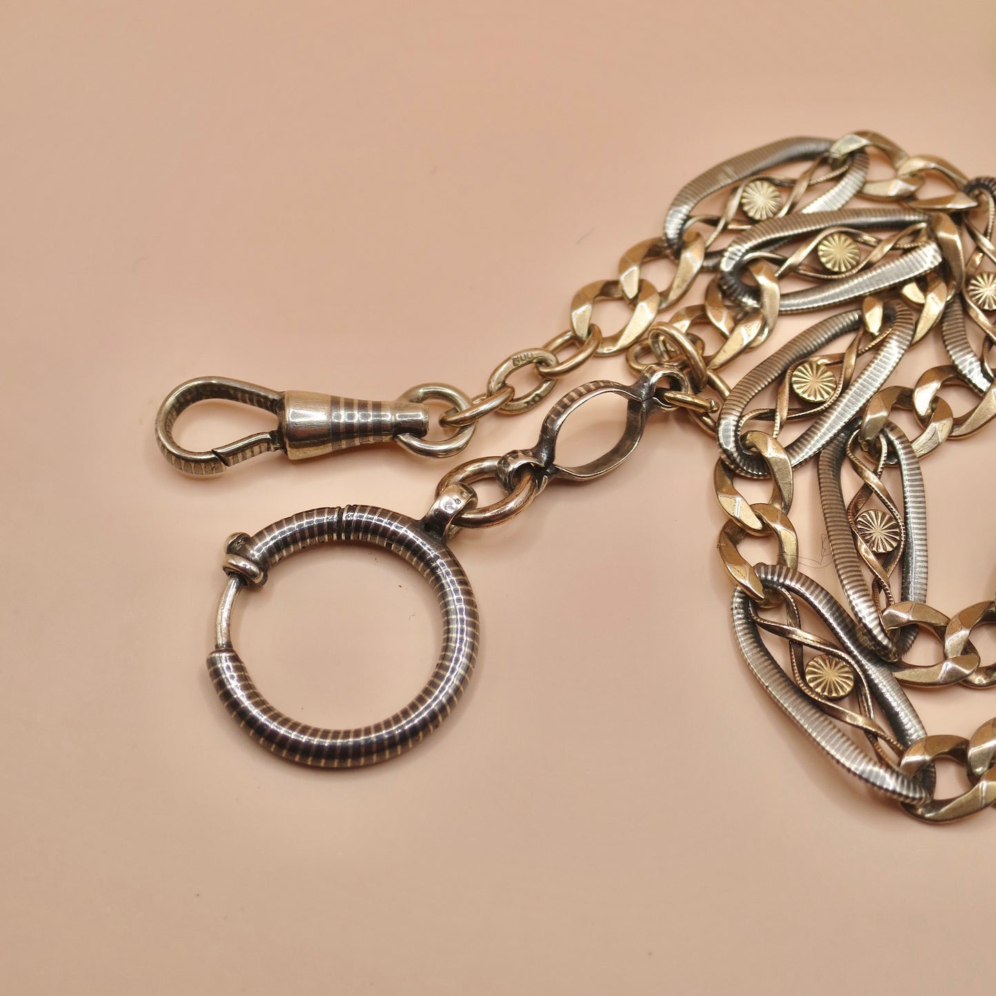 Antique Victorian 800 Silver Niello & Rose Gold Watch Chain Necklace MB12