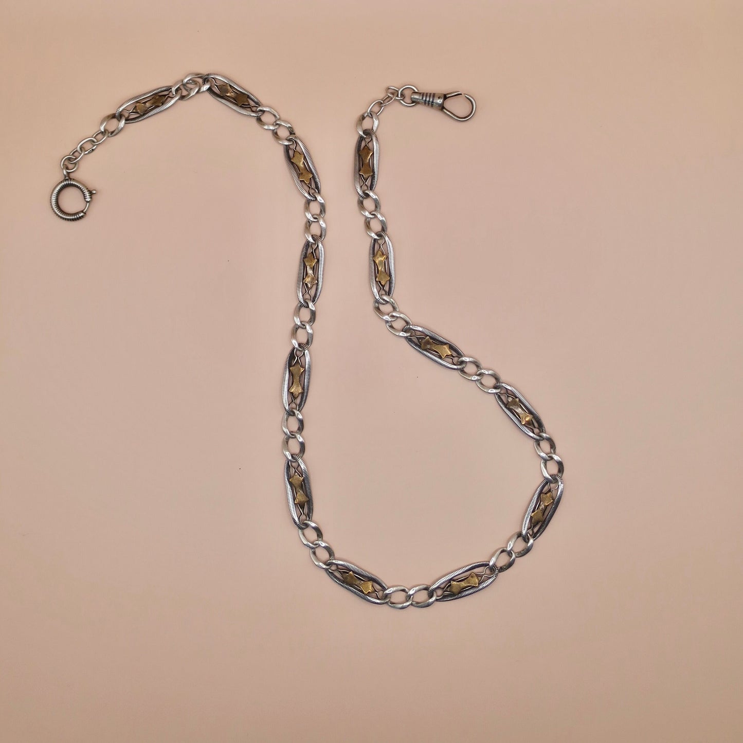 Antique Victorian Niello Silver Pocket Watch Chain Necklace: Rose Gold Stars, 16" MB4