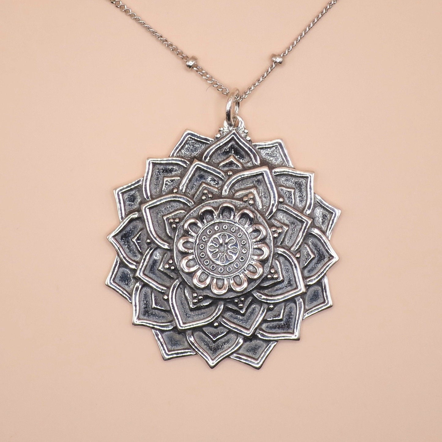 Solid 925 Sterling Silver Large Lotus Mandala Pendant