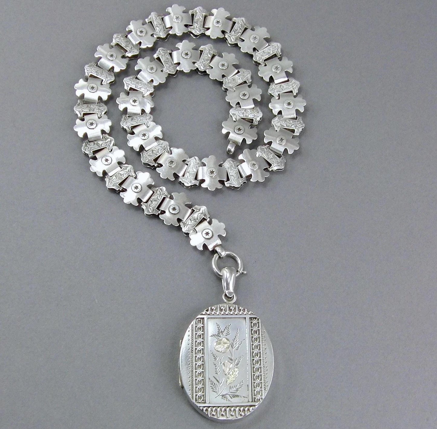 Antique Victorian Sterling Silver Book Chain Locket, Aesthetic Movement
