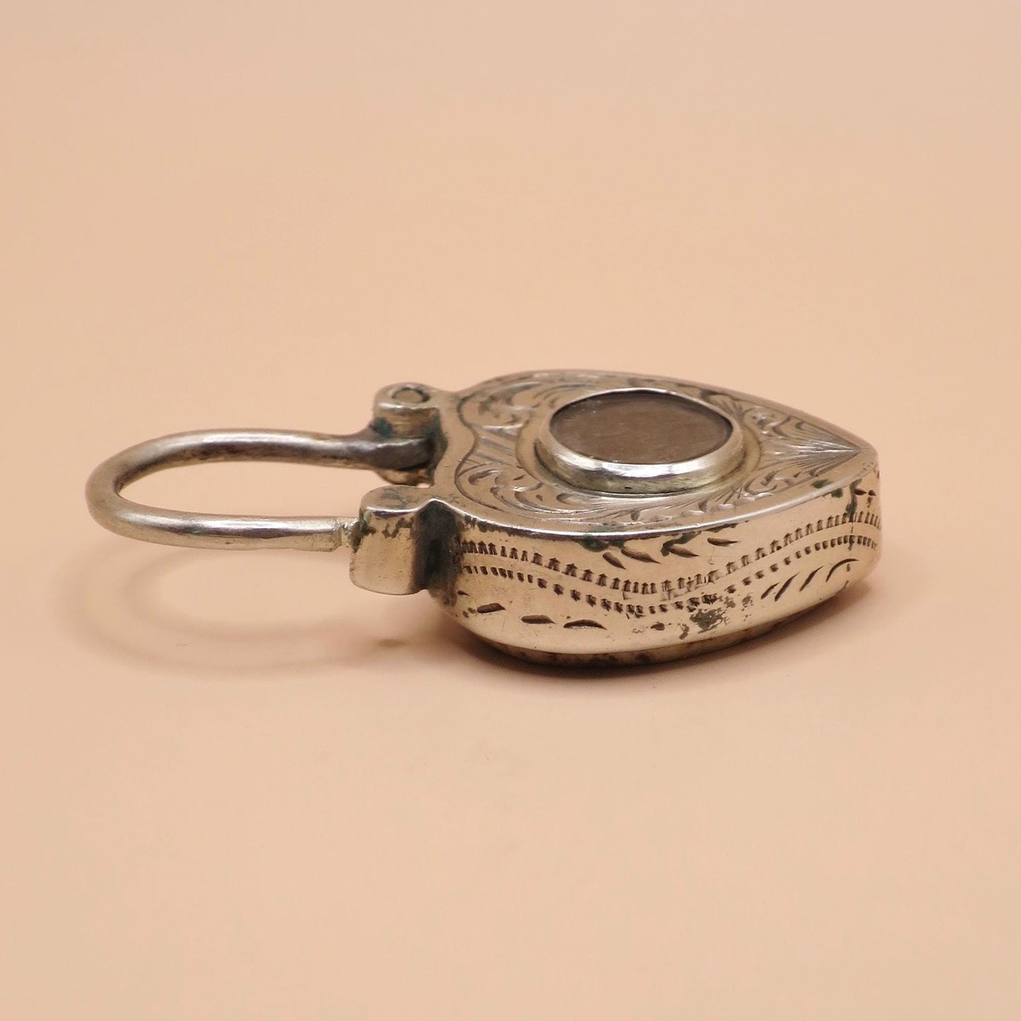 Antique Victorian Sterling Silver Heart Padlock, Scottish Granite & Hair Locket