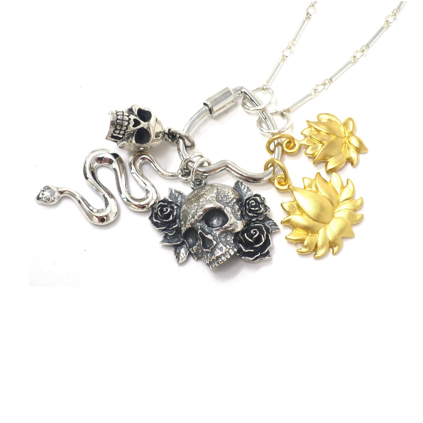 Solid 925 Sterling Silver Skull and Roses Pendant
