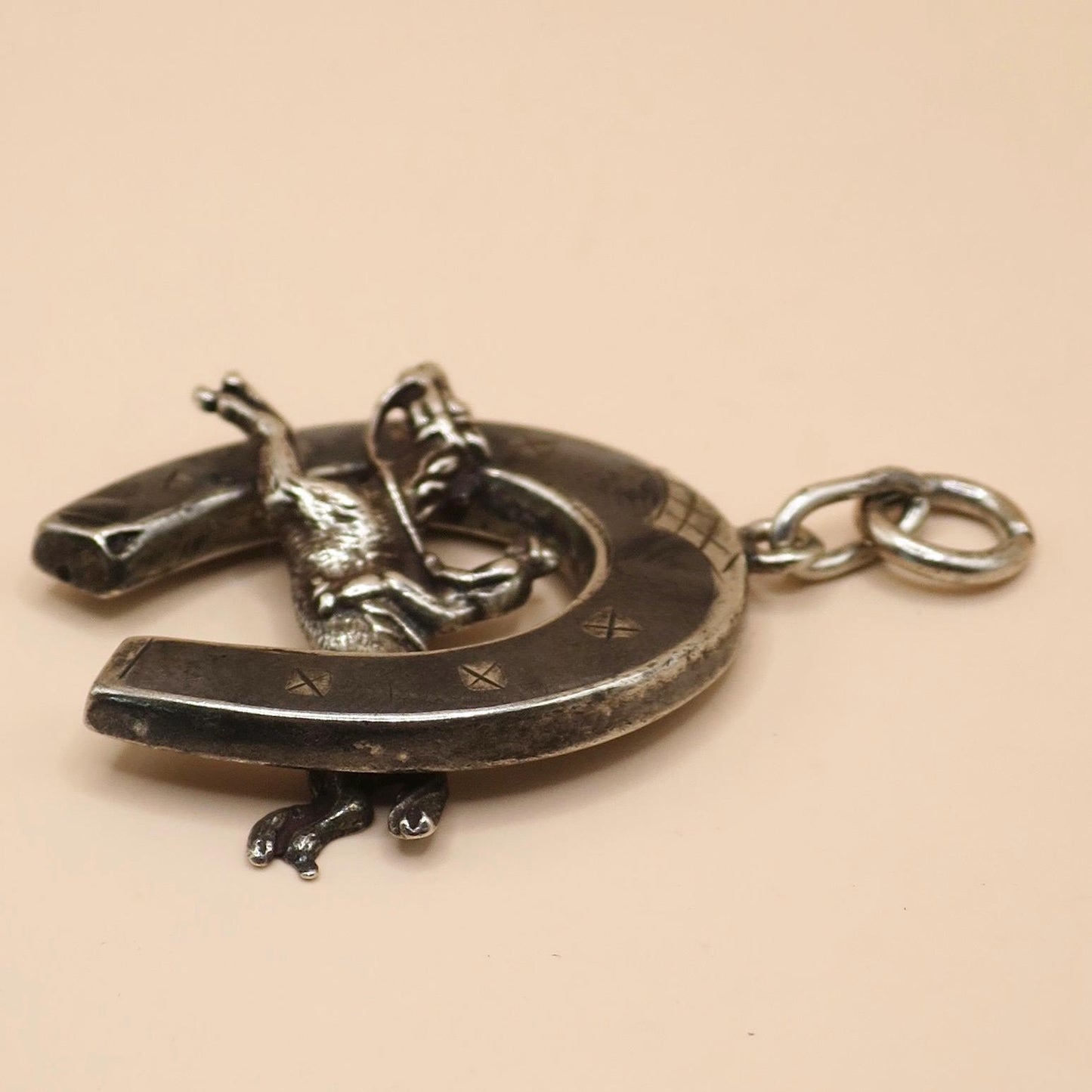 Antique Victorian 800 Niello Silver Equestrian Horseshoe Horse Head Charm N15