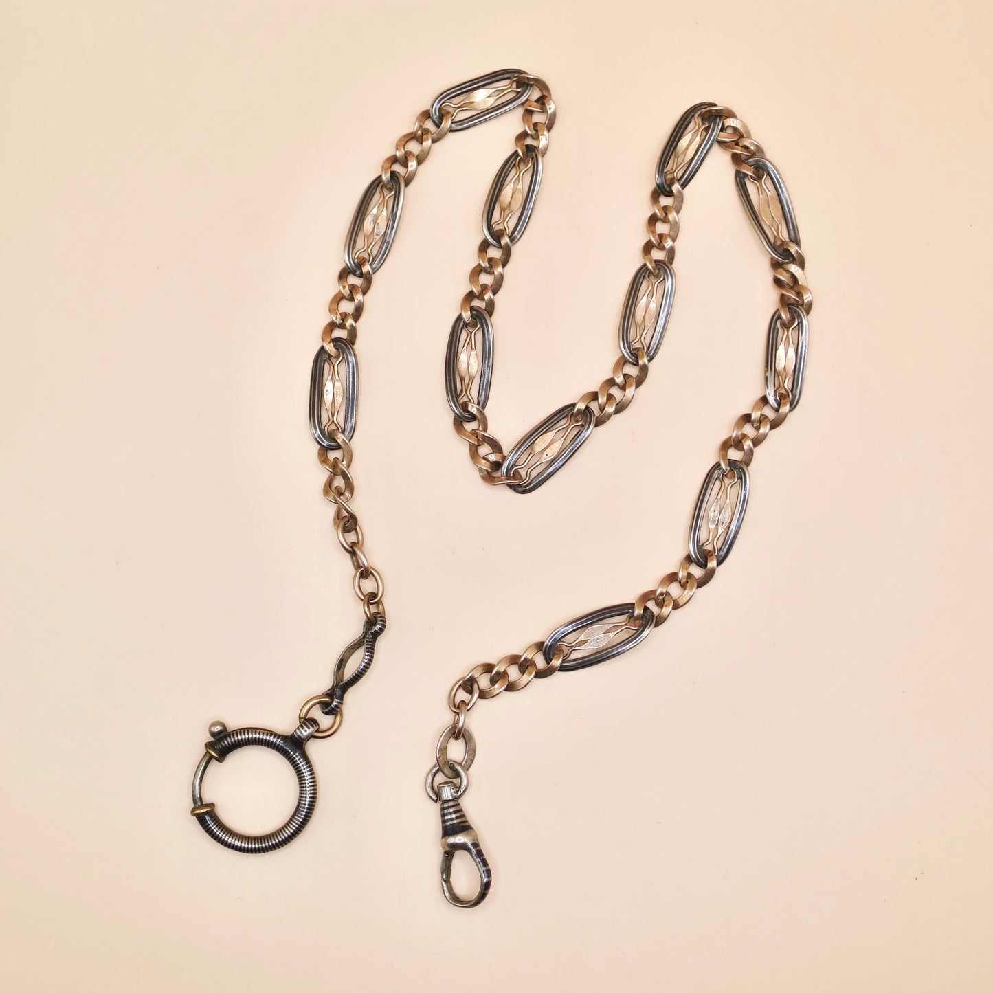 Antique Niello 800 Silver Pocket Watch Chain Necklace: 9k Rose Gold Vermeil MB52