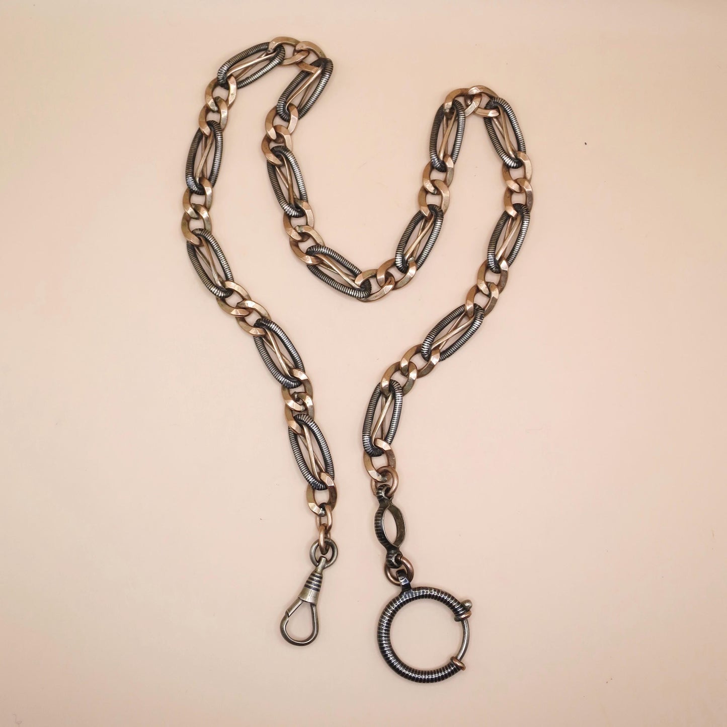 Antique Victorian Niello Silver Pocket Watch Chain Necklace: 9k Rose Gold Gilt MB17