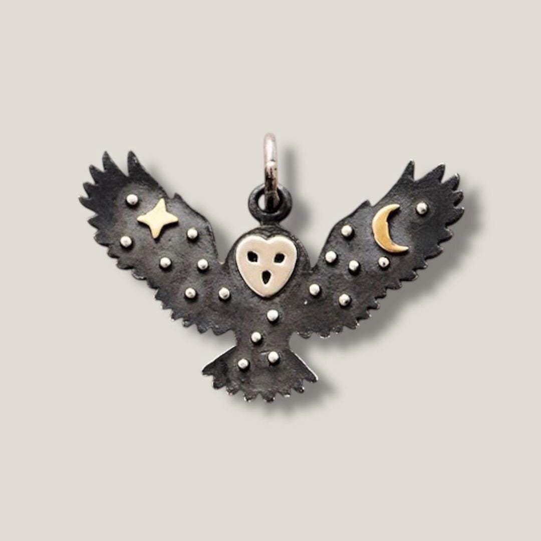 Sterling Silver Owl Charm: Bronze Star Moon, Feng Shui Wisdom
