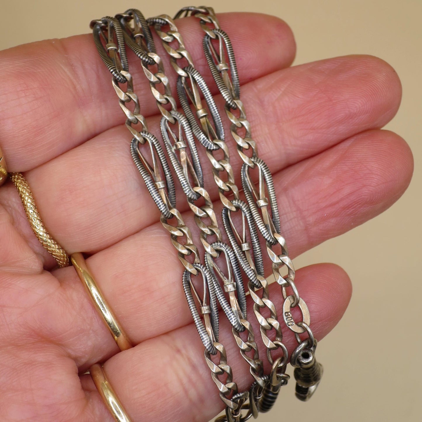 Antique Victorian Niello Silver & 9ct Rose Gold Vermeil Necklace - Victorian Chain MB43