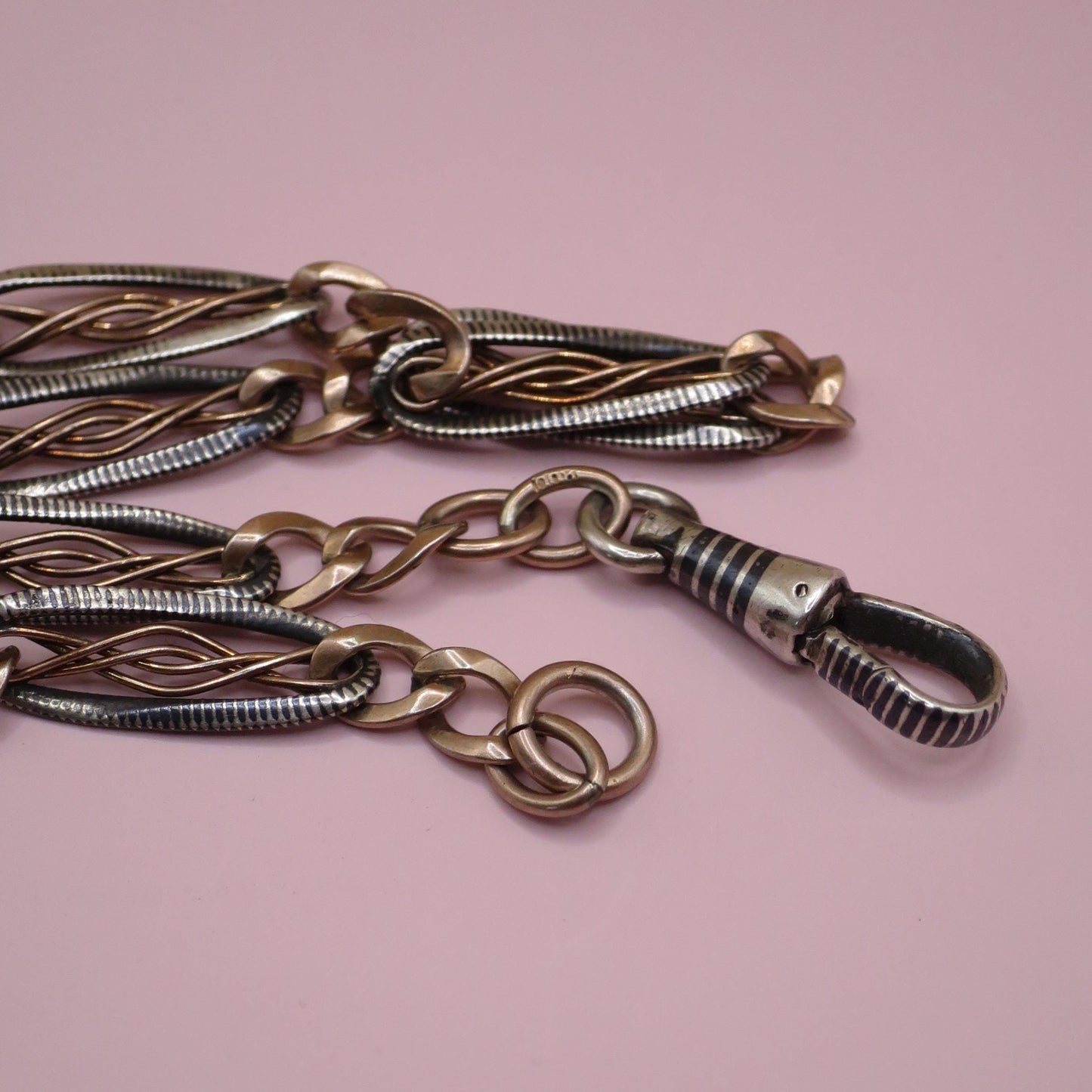 Antique Victorian Niello 800 Silver Pocket Watch Chain Bracelet - 12k Rose Gold Vermeil MB46