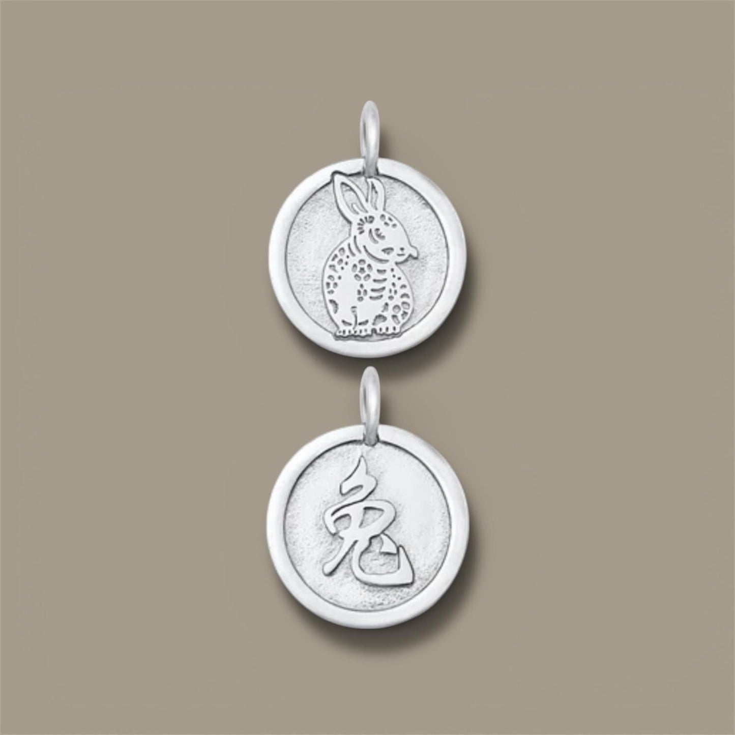 Solid 925 Sterling Silver Double-Sided Chinese Zodiac Rabbit 兔 Pendant for Necklace or Bracelet