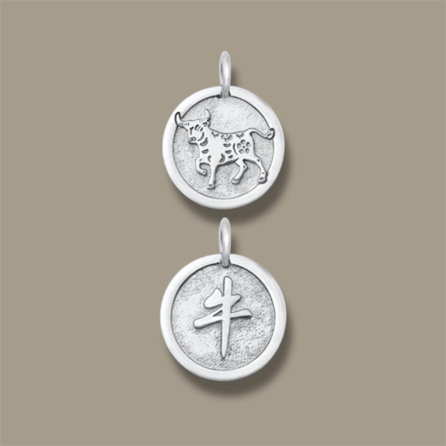 Solid 925 Sterling Silver Double-Sided Chinese Zodiac Ox 牛 Pendant for Necklace or Bracelet