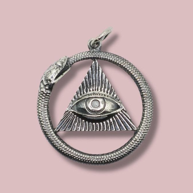 Solid 925 Sterling Silver All-Seeing Eye and Ouroboros Pendant