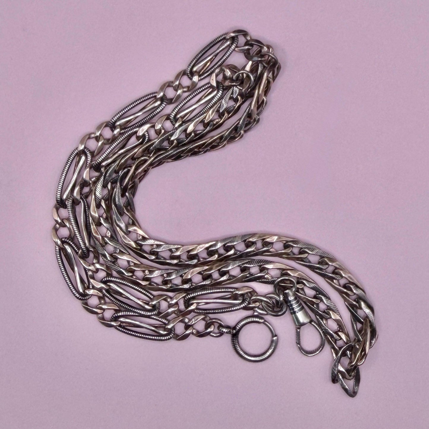 Converted Antique Victorian Niello 800 Silver & Rose Gold Vermeil Long Watch Chain Necklace MB19