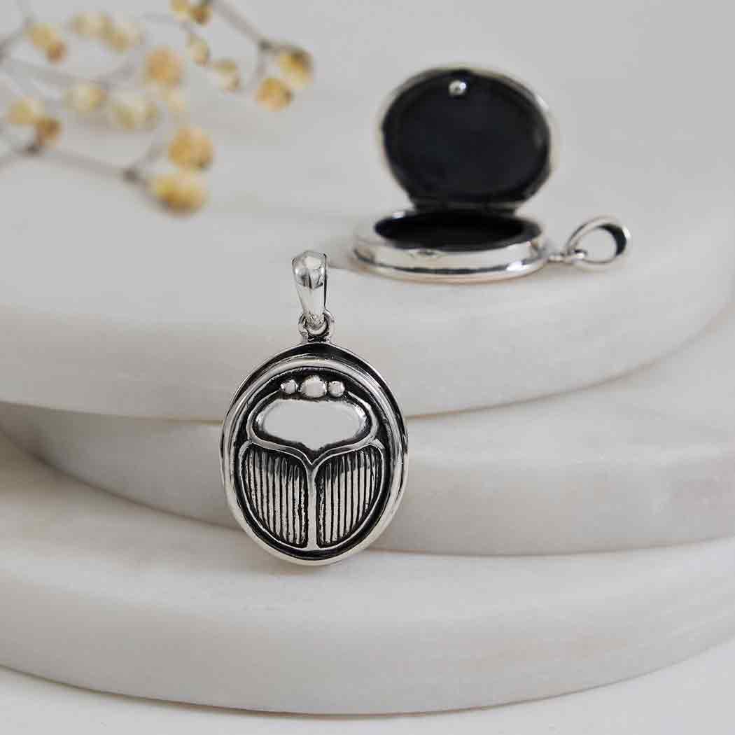 Solid 925 Sterling Silver Egyptian Scarab Locket Necklace, 28x17mm