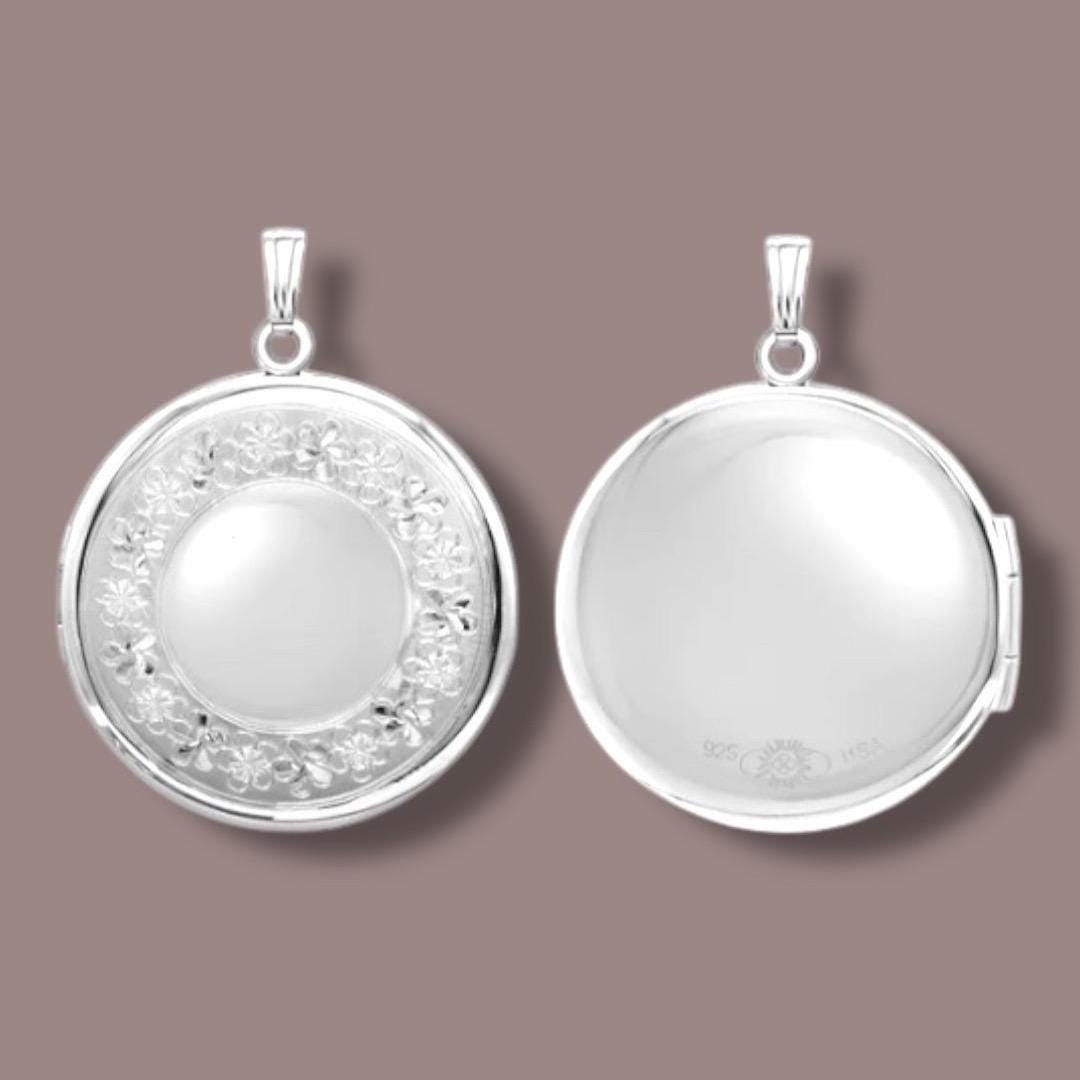 Solid 925 Sterling Silver Hand Engraved Forget-Me-Not Flowers Round Locket Necklace, 41 X 32mm
