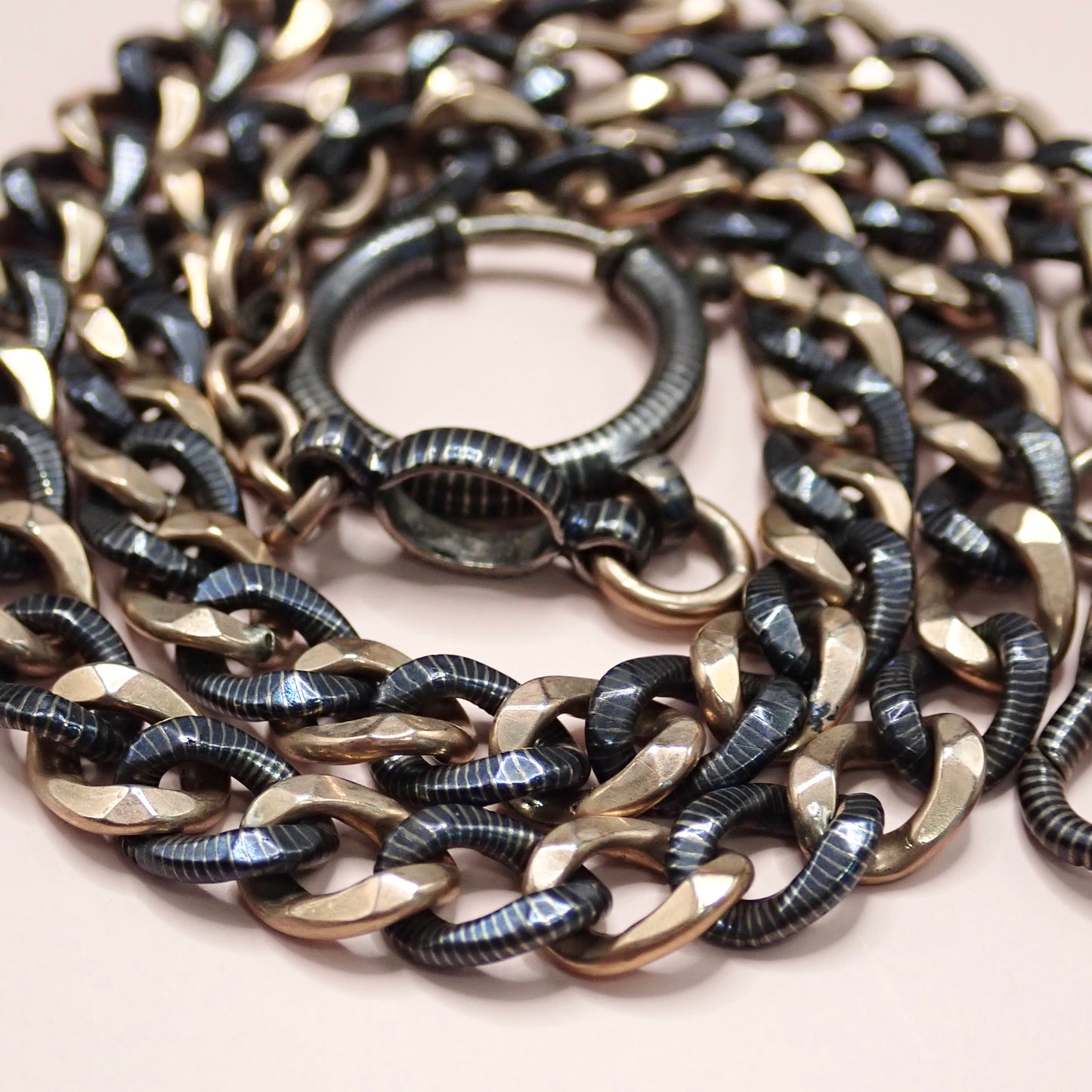 Antique Victorian 800 Niello Silver & 12k Rose Gold Watch Chain Necklace, 18.5"inches MBP5