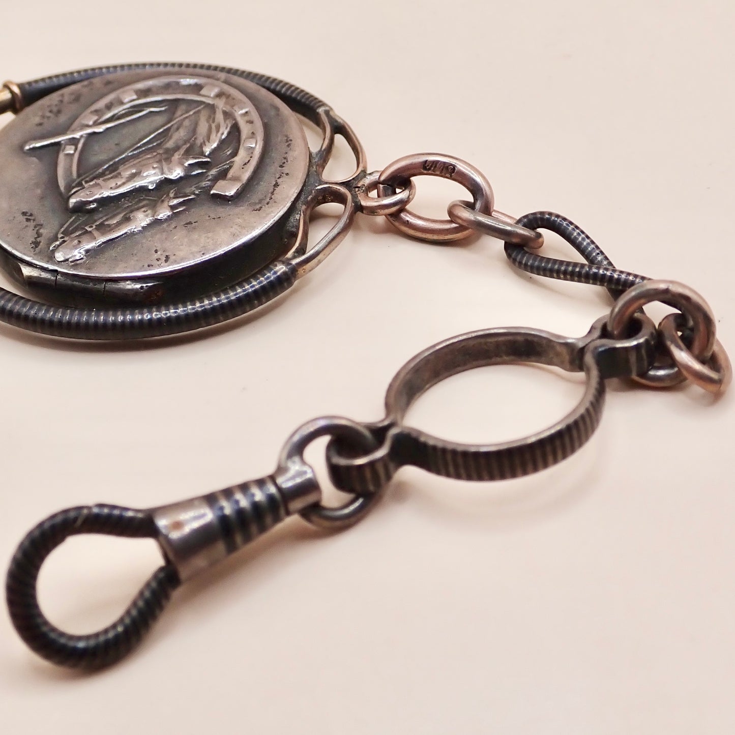 Antique Victorian .800 Silver & 12K Rose Gold Niello Equestrian "Short Drop" Fob Pendant MBP9