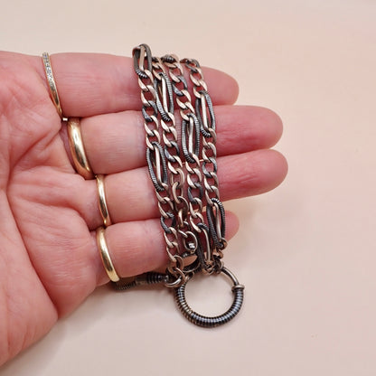 Antique Victorian Niello Silver & 9k Rose Gold Vermeil Pocket Watch Chain Necklace MB72